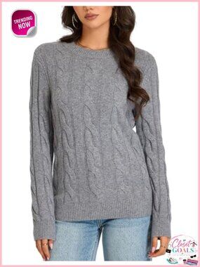 Merino Wool Cable Knit Crewneck Chunky Pullover Sweater